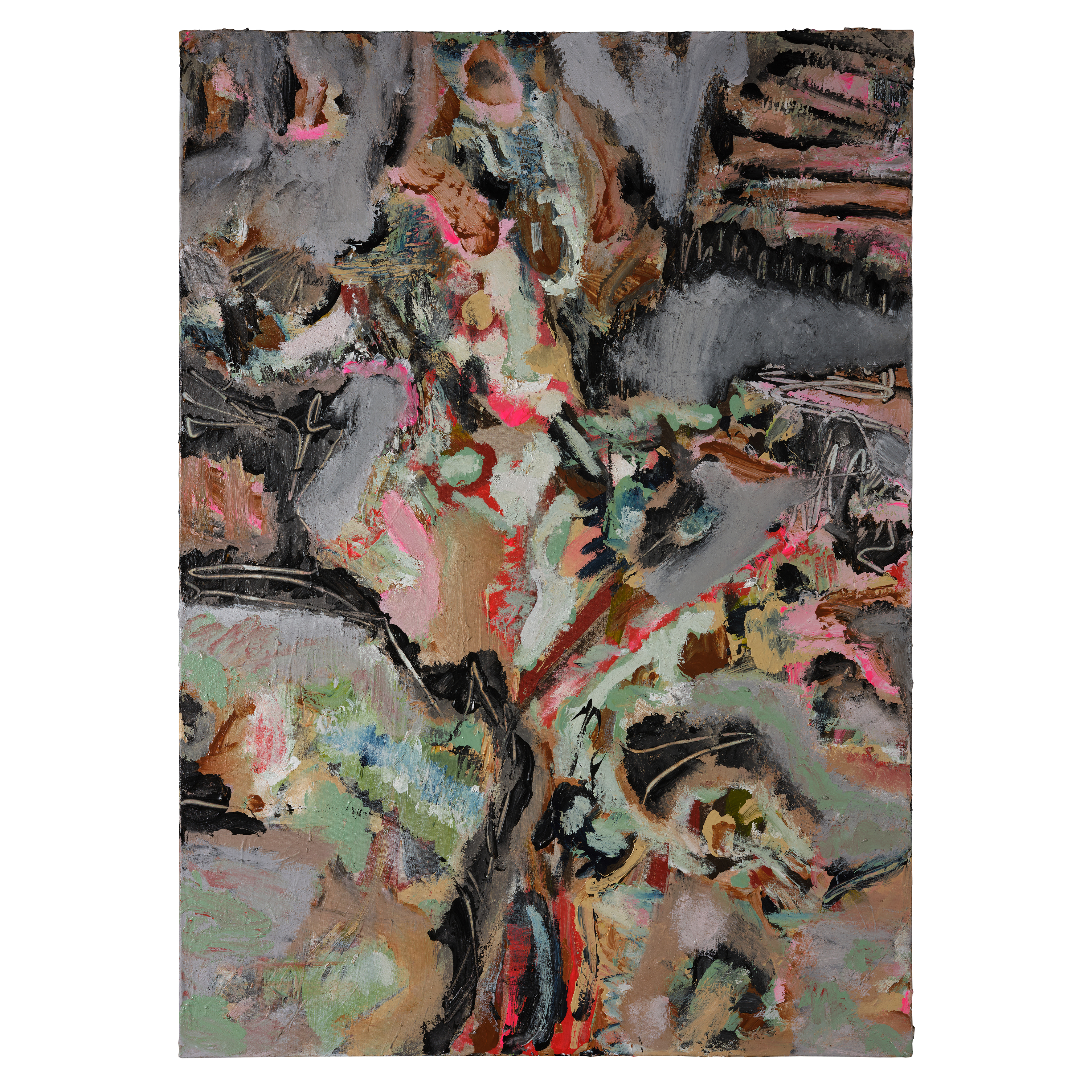 large abstract textured oil painting in black pink mint teal and grey